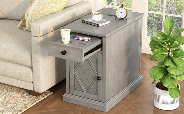English Elm U-can Acacia Wood End Table with Usb Charging Station Drawer and Cabinet Storage Antique Gray N724P353565E