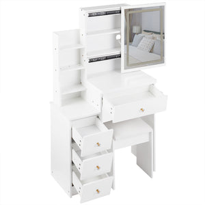 English Elm 29.2" Stylish Left Bedside Vanity Table Set With Led Mirror, Power Station & Cushioned Stool For Small Spaces W936P202468