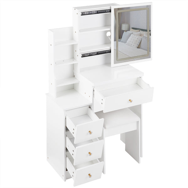 English Elm 29.2" Stylish Left Bedside Vanity Table Set With Led Mirror, Power Station & Cushioned Stool For Small Spaces W936P202468