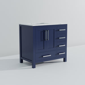 English Elm Navy Solid Wood Bath Vanity 36" W x 22" D Left Offset with Carrara Marble Top, Soft-Close Drawers B2731P258856