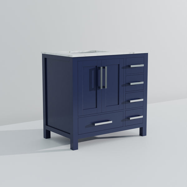 English Elm Navy Solid Wood Bath Vanity 36" W x 22" D Left Offset with Carrara Marble Top, Soft-Close Drawers B2731P258856
