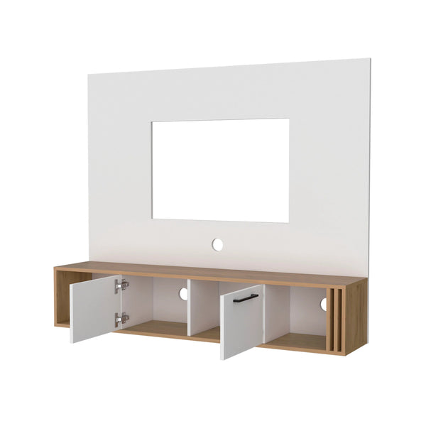 English Elm White Entertainment Center with Natural Oak Finish, 4 Shelves & Cable Management for Clutter-Free Living Room Storage B062P290235
