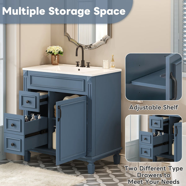 English Elm 30" Bathroom Vanity With Elegant Ceramic Sink – French-Inspired Design, Soft-Close Drawers & Storage N710P323328C