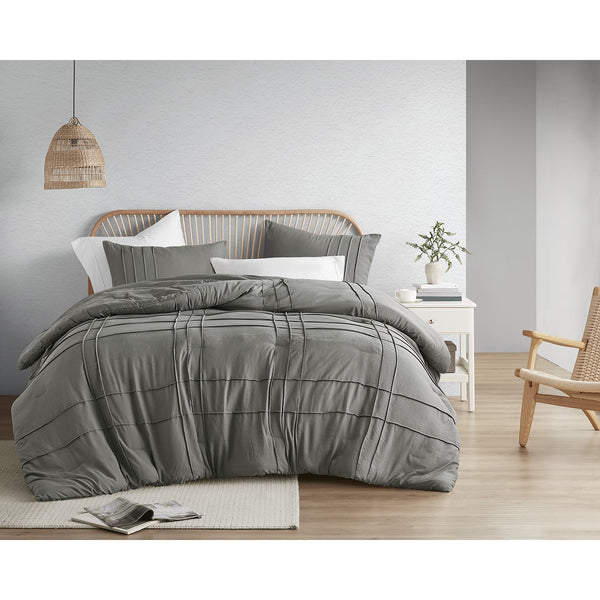 JLA Home Comfort Spaces - Soft Washed Pleated Duvet Cover Set with OEKO-TEX Soft Microfiber, Grid Pinch-Pleat & Button Closure Grey AM12-0423
