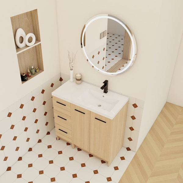 English Elm 36" Floating Bathroom Vanity Light Oak Modular Cabinet with Gel Coat Integrated Sink W3450S00104