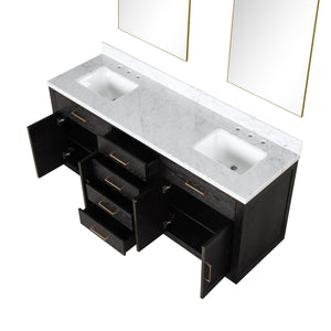 English Elm Black Oak Double Bath Vanity 72” W X 22” D With Luxurious Carrara Marble Top & Frameless Mirrors B2731S02140