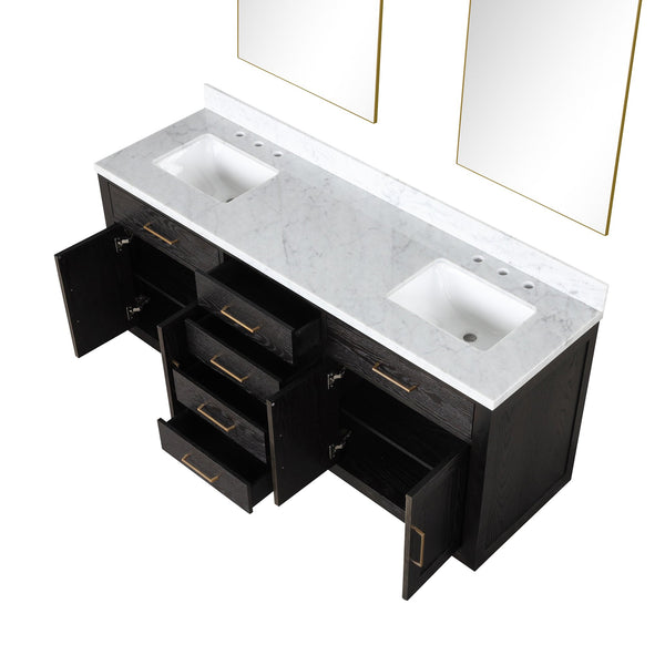English Elm Black Oak Double Bath Vanity 72” W X 22” D With Luxurious Carrara Marble Top & Frameless Mirrors B2731S02140