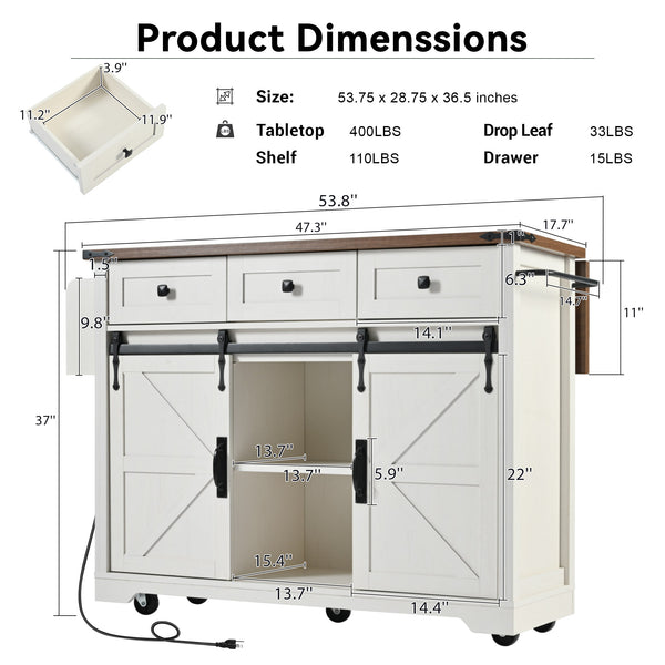 English Elm K&k Farmhouse Rolling Kitchen Island with Drop Leaf Power Outlets and Storage Cabinet White N707S170347W
