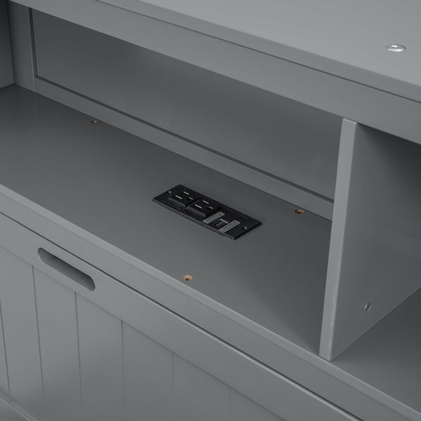 English Elm Wood Queen Size Hydraulic Platform Bed with LED Headboard, Charging Station, Hidden Storage Drawers and Shelves Gray GX000372AAE