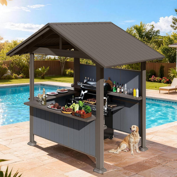 English Elm 9.4x6.2 Ft Hardtop Grill Gazebo Galvanized Steel Gable Roof with Shelves Patio Backyard Brown W1859S00209