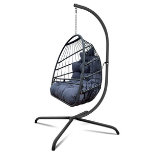 English Elm Swing Egg Chair with Stand - Foldable Wicker Rattan Hanging Basket, Safety Guardrail & Cup Holder Black W2707P184391