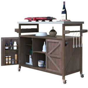 English Elm K&K Outdoor Kitchen Island Rolling Bar Cart with 1.2" Stainless Steel Top, Ample Storage, Wheels and Spice Rack Dark Brown WF532198AAZ