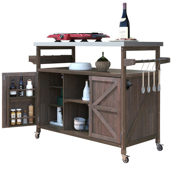 English Elm K&K Outdoor Kitchen Island Rolling Bar Cart with 1.2" Stainless Steel Top, Ample Storage, Wheels and Spice Rack Dark Brown WF532198AAZ