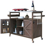 English Elm K&K Outdoor Kitchen Island, Rolling Bar Cart & Storage Cabinet, Farmhouse Solid Wood Outdoor Grill Table With Stainless Steel Top, Spice Rack , Towel Rack For Kitchen & Barbecue , Dark Brown