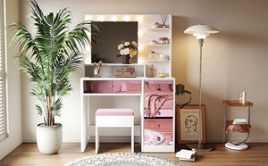 English Elm Vanity Desk with Hollywood Bulbs Glass Top Pink Glam Drawers and Cushioned Stool N704P340246K