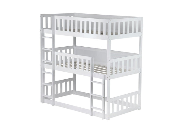 English Elm Twin Triple Rubberwood Bunk Bed with Ladders & Guardrails, Space-Saving Modular Design for Families White W504S00171