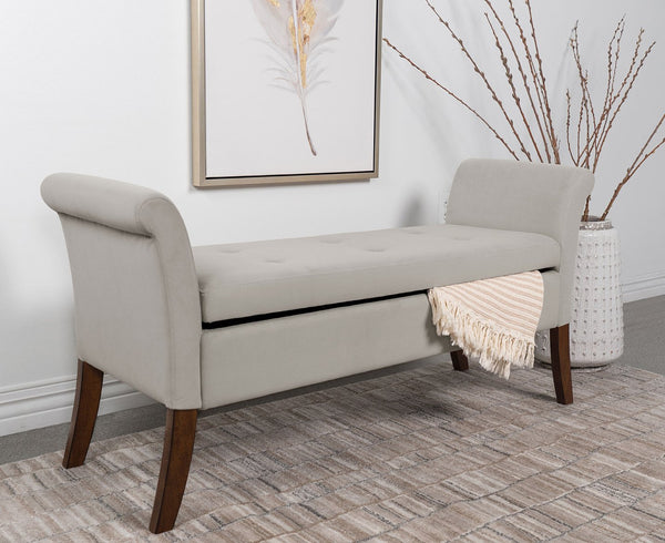 English Elm Velvet Upholstered Storage Bench with Button Tufting, Flared Arms and Wooden Legs, Luxe Hidden Storage Beige B016P383413