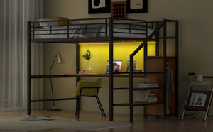 English Elm Full Size Metal Loft Bed With Desk, Storage Steps, Wardrobe, Led Light - Perfect For Small Spaces! GX000620AAB-1