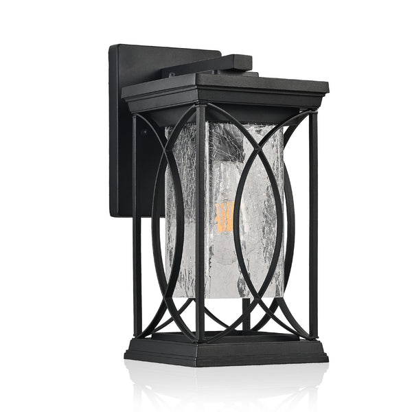 English Elm 14"(H) Black Outdoor Wall Lantern with Crackled Glass - Weatherproof Modern Porch Sconce, E26 Ready, Durable Metal Frame W2312P374978