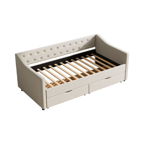 English Elm Twin Size Daybed With Storage Drawers - Elegant Beige Upholstered Sofa Bed With Tufted Design W2336S00031-GIGA