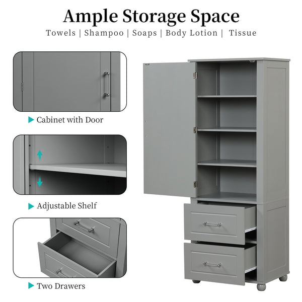 English Elm Tall Freestanding Bathroom Cabinet Two Drawers Adjustable Shelves Matte Mdf Storage Grey N725P407739E