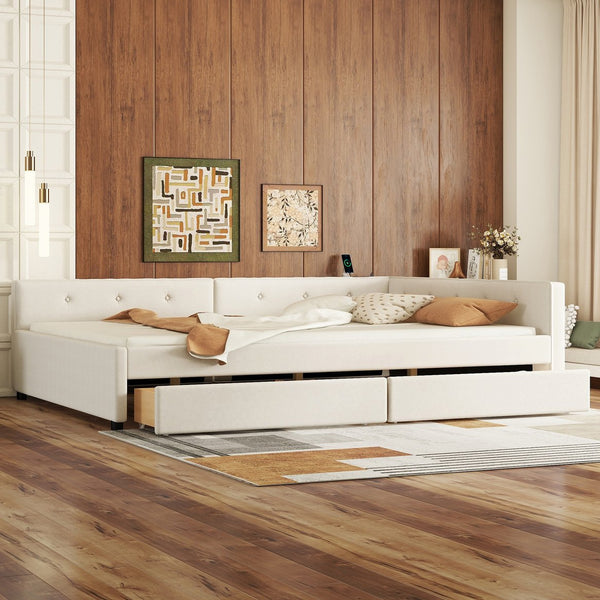 English Elm Full Full Size Upholstered Platform Bed with USB Ports, 2 Storage Drawers, Beige Linen Elegance DL000585AAA