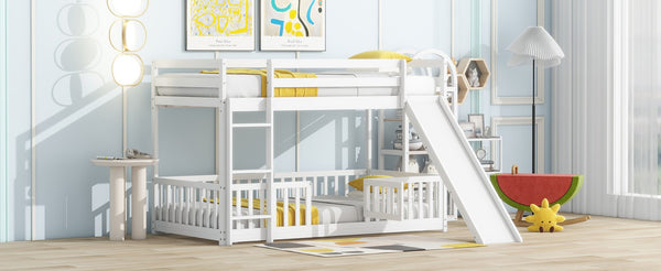 English Elm Twin Over Twin Floor Bunk Bed With Slide & Ladder - Solid Pine Wood, White Finish, Safe & Fun Design! W504S00190-GIGA