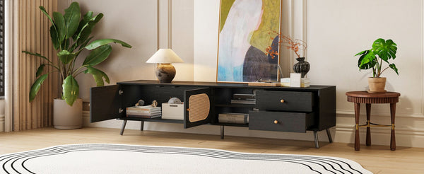 English Elm 70" Mid Century TV Stand with Rattan Doors, 2 Soft-Close Drawers & Open Shelves, Textured Woodgrain Finish, Durable MDF Frame and Solid Wood Legs for Living Room Entertainment (Fits TVs up to 80") N710P295759B