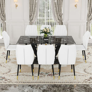 English Elm Black Marble Pattern Tempered Glass Dining Set - 71"X35.4" With 8 White Pu Chairs With A Widened Backrest Design.