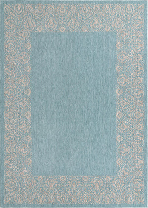 Unique Loom Outdoor Border Floral Border Machine Made Floral Rug Aqua, Ivory/Gray 8' 0" x 11' 4"