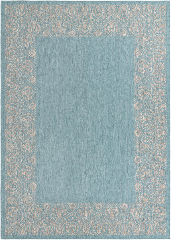 Unique Loom Outdoor Border Floral Border Machine Made Floral Rug Aqua, Ivory/Gray 8' 0" x 11' 4"