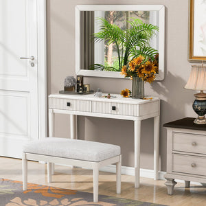 English Elm Modern Vanity Desk with Mirror & Stool, 2 Large Drawers, Fluted Panels, Cushioned Ergonomic Seat, White N844P262898A