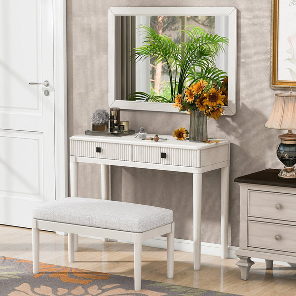English Elm Modern Vanity Desk with Mirror & Stool, 2 Large Drawers, Fluted Panels, Cushioned Ergonomic Seat, White N844P262898A