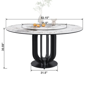English Elm 53" Round Sintered Stone Dining Table With Lazy Susan, Black Steel Base - Stylish & Durable Design W2699S00040