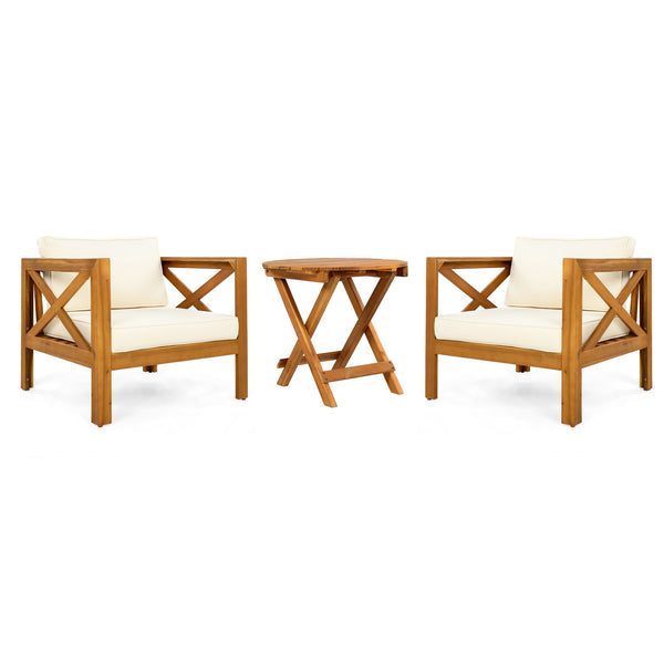 English Elm Christopher Knight Home® - Patio Conversation Set - Stylish Acacia Wood Chairs With Cushions & Foldable Teak Finish Table N770P264304B_N770P261552T