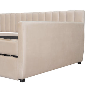English Elm Full Size Velvet Upholstered Daybed with Pull Out Trundle and Wood Slat Support Beige LP100121AAA