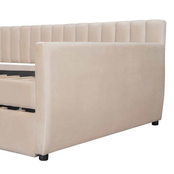 English Elm Full Size Velvet Upholstered Daybed with Pull Out Trundle and Wood Slat Support Beige LP100121AAA