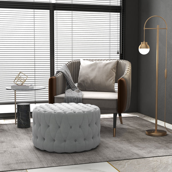 English Elm HOMCOM Round Button Tufted Ottoman Stool with Velvet-feel Upholstery, Light Gray Accent Seat, 31.5" W2225P173827