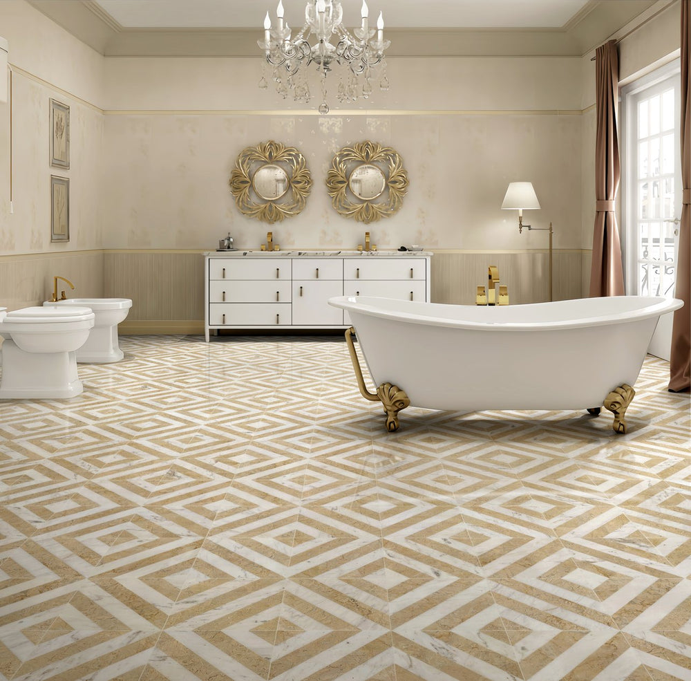 English Elm 12*12 Waterjet Marble Tiles - Luxurious White & Gold Natural Stone For Elegant Floors & Walls W1696P262344