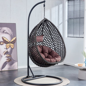 English Elm 76.8-inch Hand Woven Rattan Egg Swing Chair Indoor Outdoor with Cushion Lumbar Pillow Black W1512P498596
