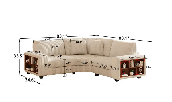 English Elm Modular Three-Seat Corner Sofa - Stylish Cream-Beige Design, Wooden Armrest Lockers & Comfort Focused W1793S00025