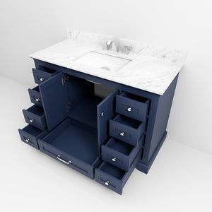 English Elm Navy Single Bath Vanity 48" W x 22" D with Carrara Marble Top, Soft-Close Drawers & Chrome Faucet Set B2731P258357