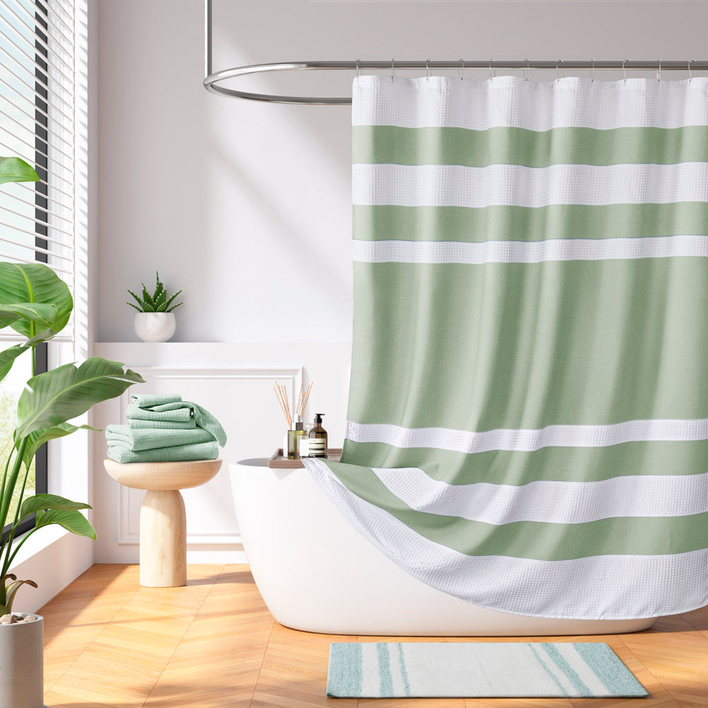 JLA Home Madison Park - Shower Curtain spa-inspired waffle texture with modern stripe and 3M Scotchgard water-repellent finish Sage Green MP70-8564