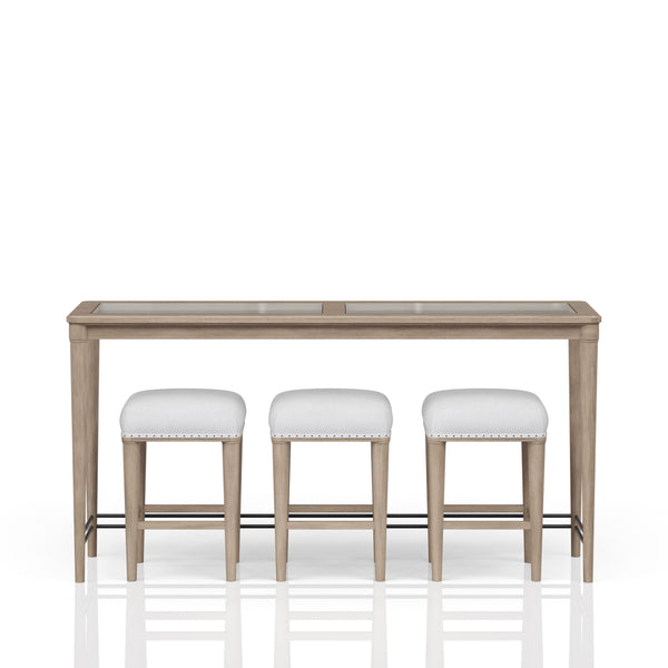 English Elm Frosted Sand Console Table Set with 3 Stools — Transitional Solid Wood, Frosted Glass Top, Durable MDF Appeal B2699P218293