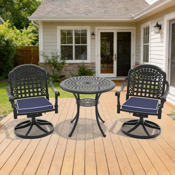English Elm 3-piece Cast Aluminum Outdoor Bistro Set with Swivel Chairs and Umbrella Ready Table W1710S00331