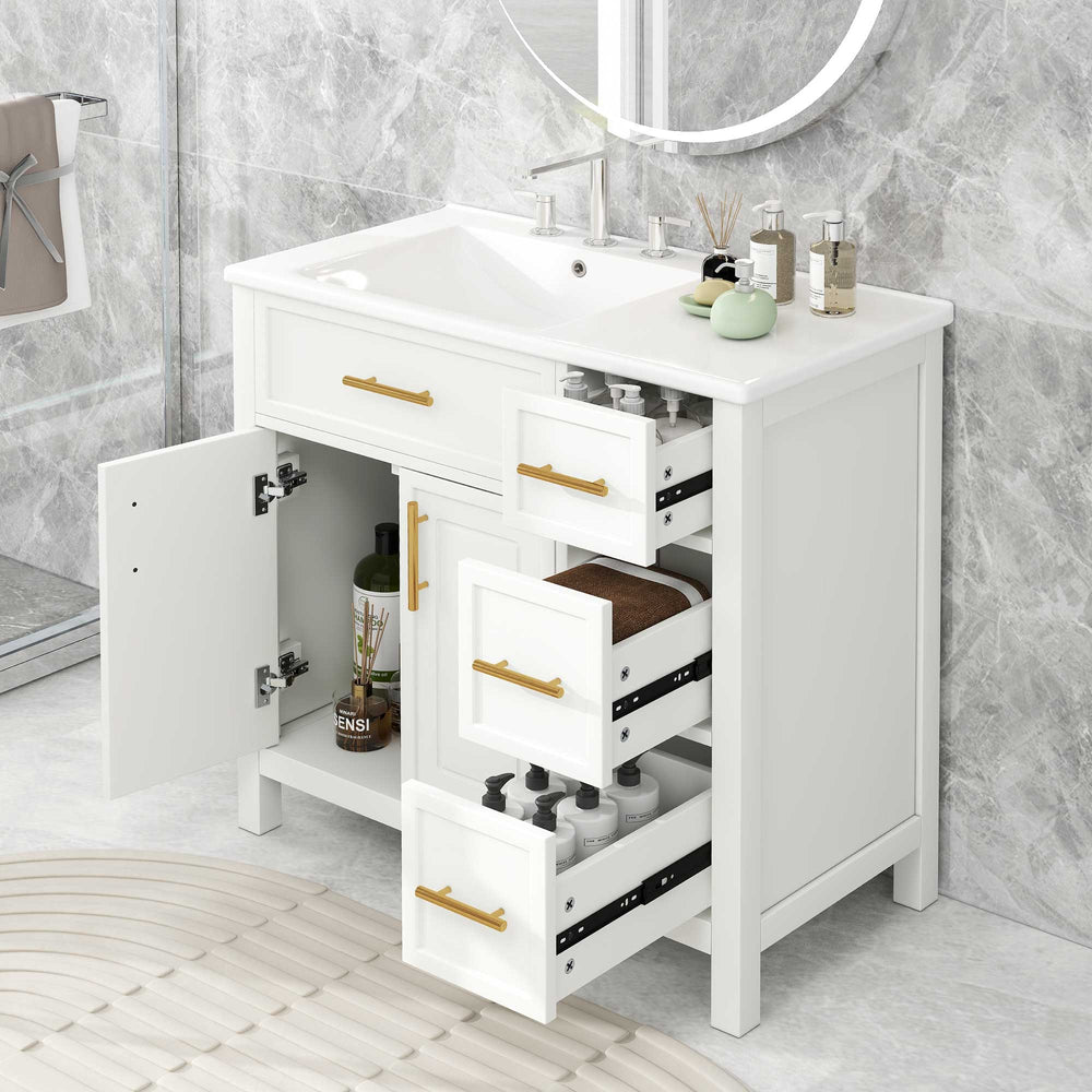English Elm 36" Freestanding Bathroom Vanity Rubberwood Mdf Ceramic Sink Three Drawers White N725P198316K