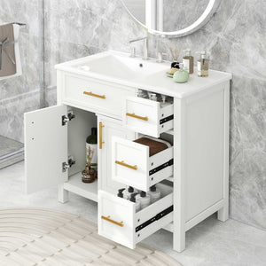 English Elm 36" Freestanding Bathroom Vanity Rubberwood Mdf Ceramic Sink Three Drawers White N725P198316K