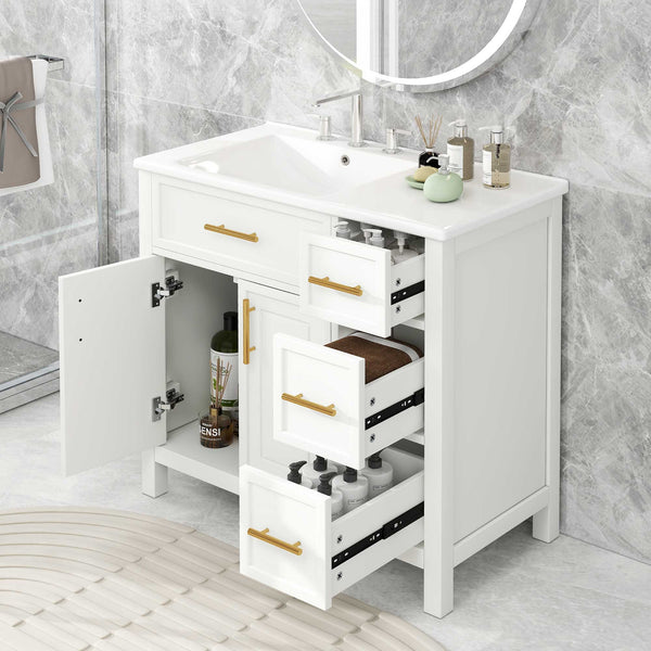 English Elm 36" Freestanding Bathroom Vanity Rubberwood Mdf Ceramic Sink Three Drawers White N725P198316K