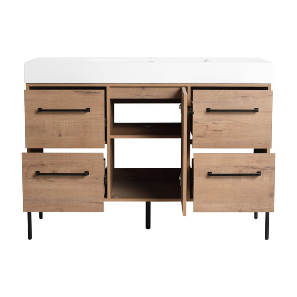 English Elm 48" Floating Bathroom Vanity Dual Ceramic Vessel Sinks Oak Finish Soft Close Doors W999S00527