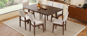English Elm 7-piece Rectangular Rubberwood Dining Set with Six Linen Upholstered Stackable Chairs Dark Walnut N752S000018D